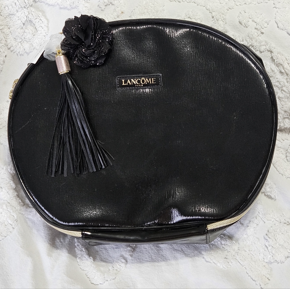 Lancome Paris Large Black Cosmetic Makeup Travel Bag With Gold + Pink Details